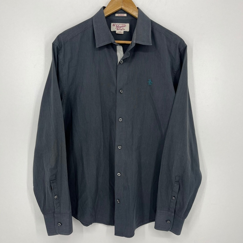 Original Penguin Mens Classic Fit Pinstripe Long Sleeve Button Down Shirt Grey L